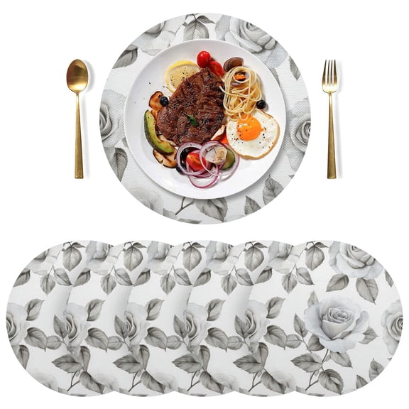 Qxltty 15inch Round Placemats Set of 6 Polyester Fabric Heat Resistant Washable Table Mat for Kitchen Party Decor Rose Pattern in Gray and White Tones