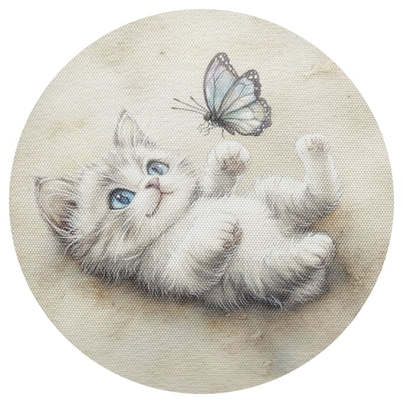 Qxltty 15inch Round Placemats Set of 1 Polyester Fabric Heat Resistant Washable Table Mat for Kitchen Party Decor Cat Plays with Butterfly