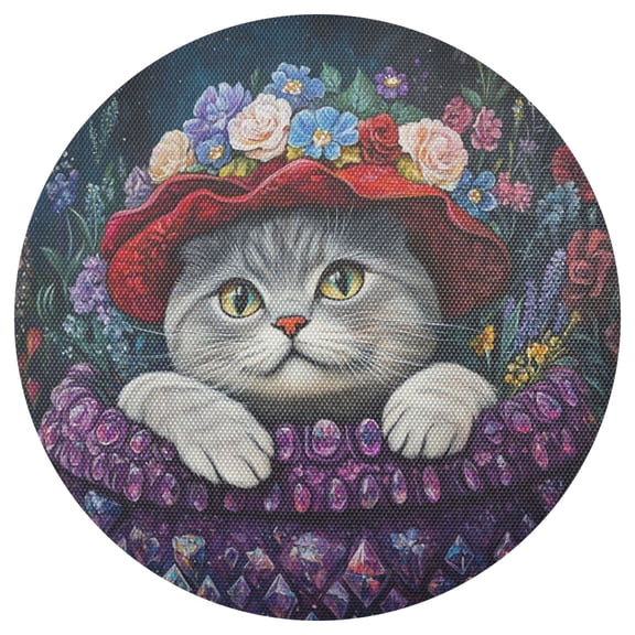 Qxltty 15inch Round Placemats Set of 1 Polyester Fabric Heat Resistant Washable Table Mat for Kitchen Party Decor Cute Cat Wearing Wreath