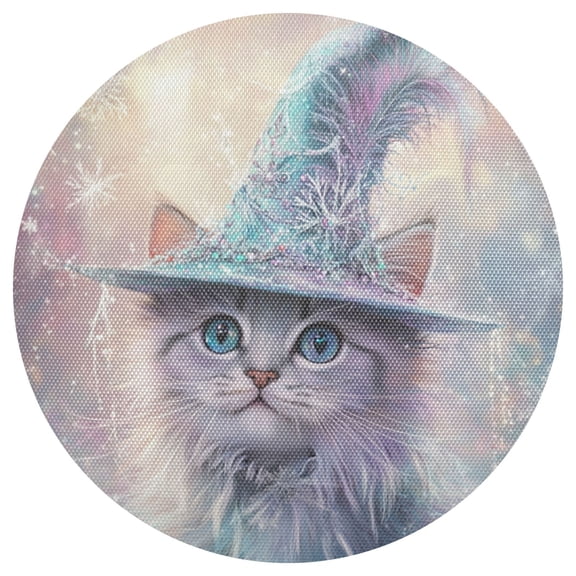 Qxltty 15inch Round Placemats Set of 1 Polyester Fabric Heat Resistant Washable Table Mat for Kitchen Party Decor Fluffy Cat Wearing A Magic Hat
