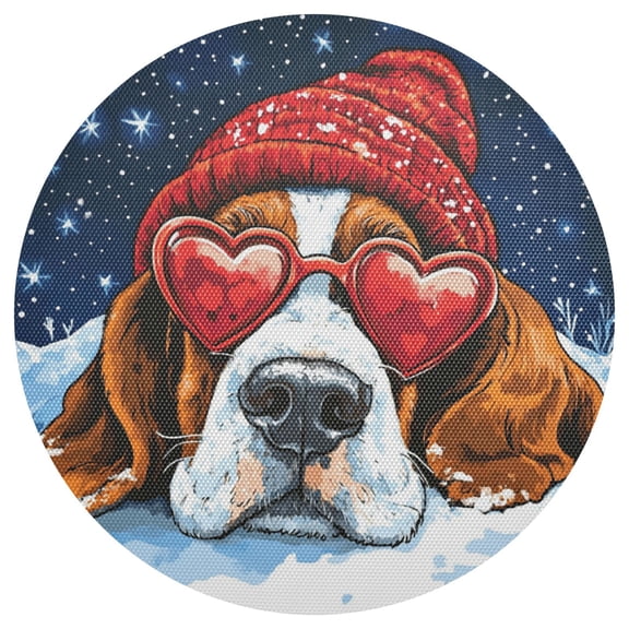 Qxltty 15inch Round Placemats Set of 1 Polyester Fabric Heat Resistant Washable Table Mat for Kitchen Party Decor Snow Basset Hound