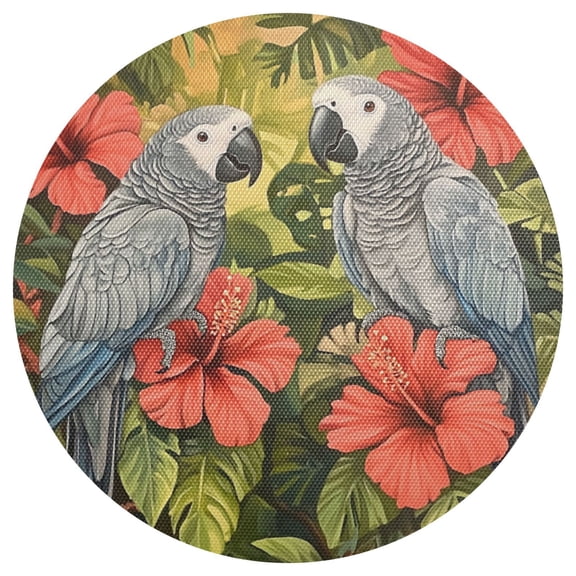 Qxltty 15inch Round Placemats Set of 1 Polyester Fabric Heat Resistant Washable Table Mat for Kitchen Party Decor Two Playful Gray Parrots