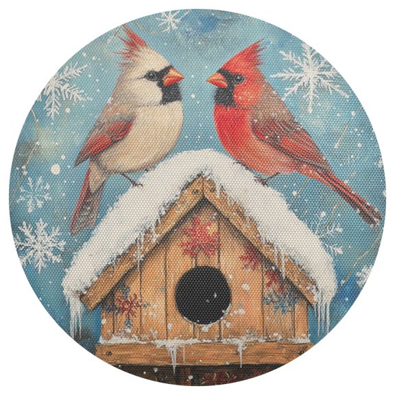 Qxltty 15inch Round Placemats Set of 1 Polyester Fabric Heat Resistant Washable Table Mat for Kitchen Party Decor Winter Cardinal Bird