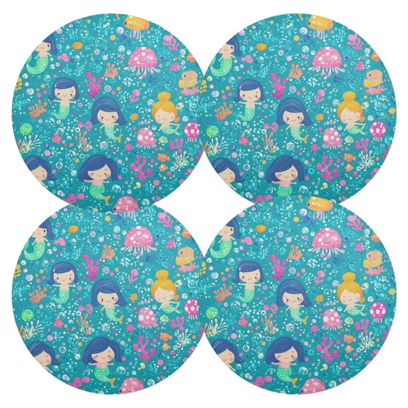 Qxltty 15inch Round Placemats Set of 4 Polyester Fabric Heat Resistant Washable Table Mat for Kitchen Party Decor Cartoon Mermaids Blue Pattern
