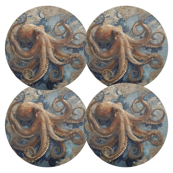 Qxltty 15inch Round Placemats Set of 4 Polyester Fabric Heat Resistant Washable Table Mat for Kitchen Party Decor Deep Sea Octopus