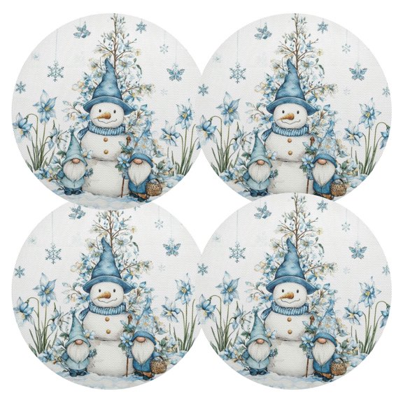 Qxltty 15inch Round Placemats Set of 4 Polyester Fabric Heat Resistant Washable Table Mat for Kitchen Party Decor Snowman and Dwarf