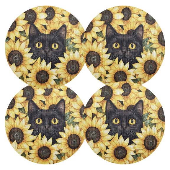 Qxltty 15inch Round Placemats Set of 4 Polyester Fabric Heat Resistant Washable Table Mat for Kitchen Party Decor Sunflower Cat