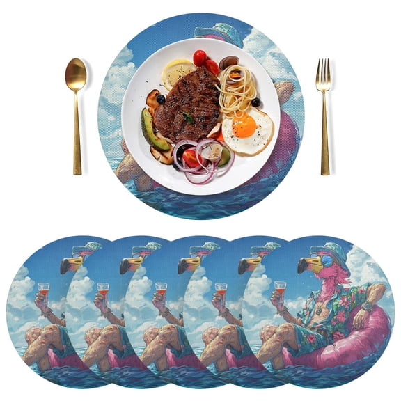Qxltty 15inch Round Placemats Set of 6 Polyester Fabric Heat Resistant Washable Table Mat for Kitchen Party Decor Anime Flamingo