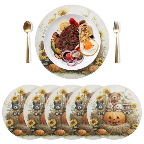 Qxltty 15inch Round Placemats Set of 6 Polyester Fabric Heat Resistant Washable Table Mat for Kitchen Party Decor Cute Animals