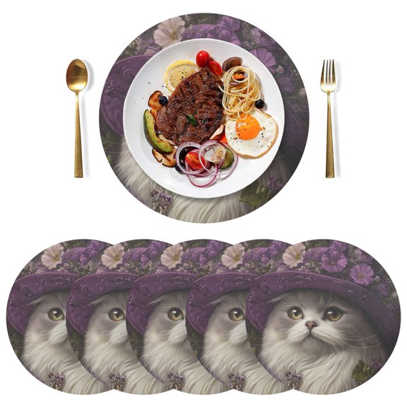 Qxltty 15inch Round Placemats Set of 6 Polyester Fabric Heat Resistant Washable Table Mat for Kitchen Party Decor Elegant Persian Cat