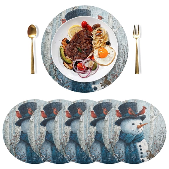 Qxltty 15inch Round Placemats Set of 6 Polyester Fabric Heat Resistant Washable Table Mat for Kitchen Party Decor Forest Snowman