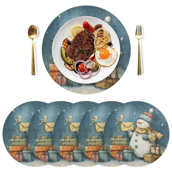 Qxltty 15inch Round Placemats Set of 6 Polyester Fabric Heat Resistant Washable Table Mat for Kitchen Party Decor Gift Snowman