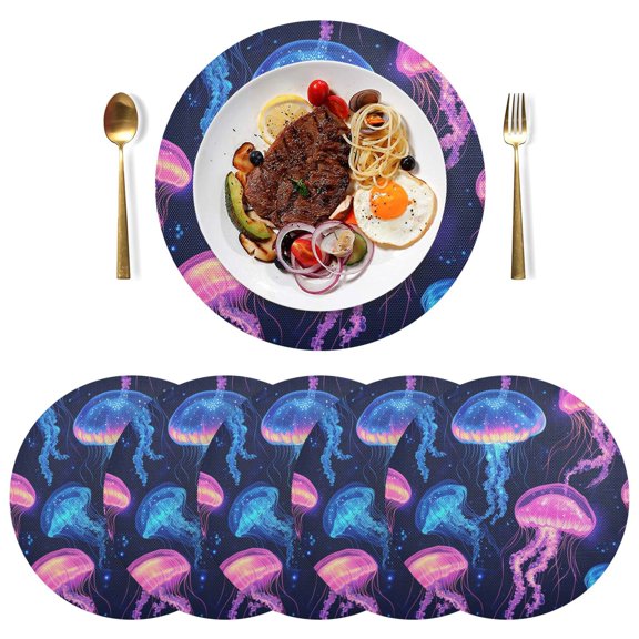 Qxltty 15inch Round Placemats Set of 6 Polyester Fabric Heat Resistant Washable Table Mat for Kitchen Party Decor Luminous Jellyfish