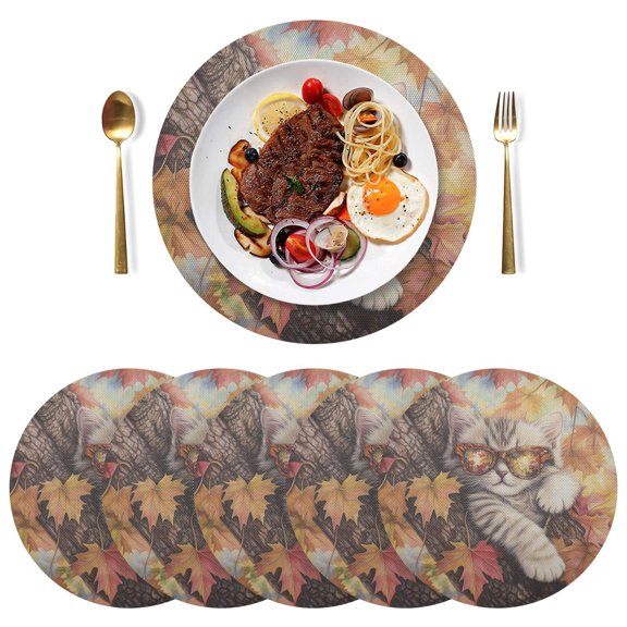 Qxltty 15inch Round Placemats Set of 6 Polyester Fabric Heat Resistant Washable Table Mat for Kitchen Party Decor Maple Leaf Cat