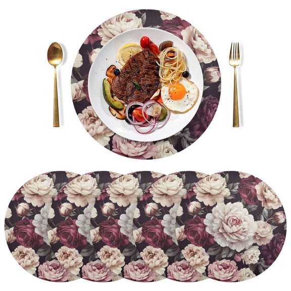 Qxltty 15inch Round Placemats Set of 6 Polyester Fabric Heat Resistant Washable Table Mat for Kitchen Party Decor Milk White Peony