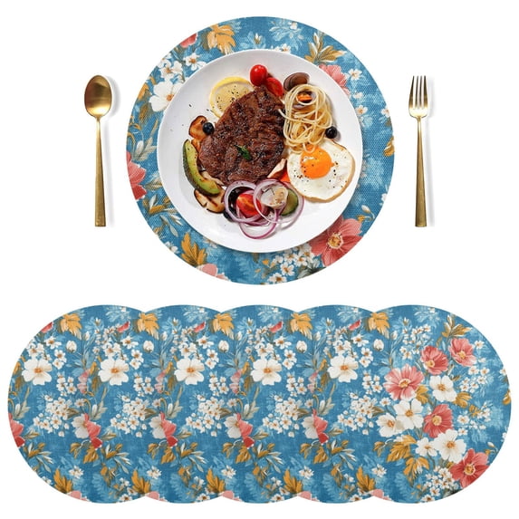 Qxltty 15inch Round Placemats Set of 6 Polyester Fabric Heat Resistant Washable Table Mat for Kitchen Party Decor Red and White Nostalgic Flowers
