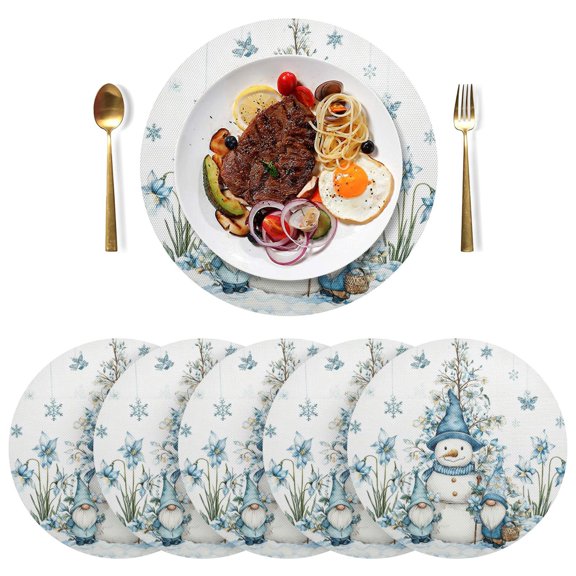 Qxltty 15inch Round Placemats Set of 6 Polyester Fabric Heat Resistant Washable Table Mat for Kitchen Party Decor Snowman and Dwarf