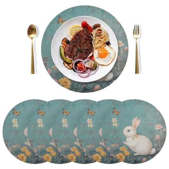 Qxltty 15inch Round Placemats Set of 6 Polyester Fabric Heat Resistant Washable Table Mat for Kitchen Party Decor White Rabbit in Flower Pattern