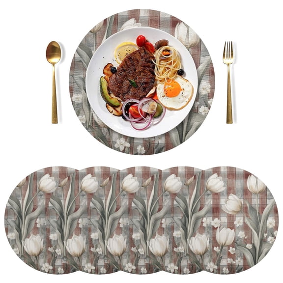 Qxltty 15inch Round Placemats Set of 6 Polyester Fabric Heat Resistant Washable Table Mat for Kitchen Party Decor White Tulip Flowers