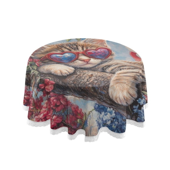 Qxltty 4th Of July Cat Round Tablecloth 60 Inch Dia Washable Table Cover with Dust-Proof Wrinkle Resistant for Restaurant Picnic Indoor and Outdoor Dining