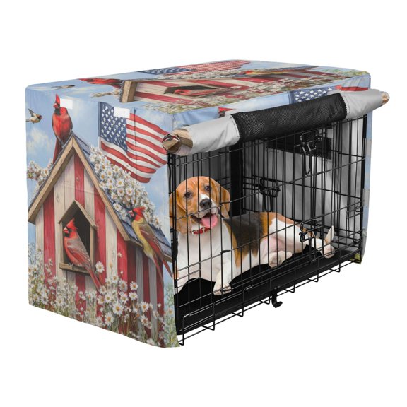 Qxltty 4th Of July Cardinal Bird Crate Cover Durable Oxford Cloth Pet Kennel Sunshade Universal Fit for 47in Wire Cage
