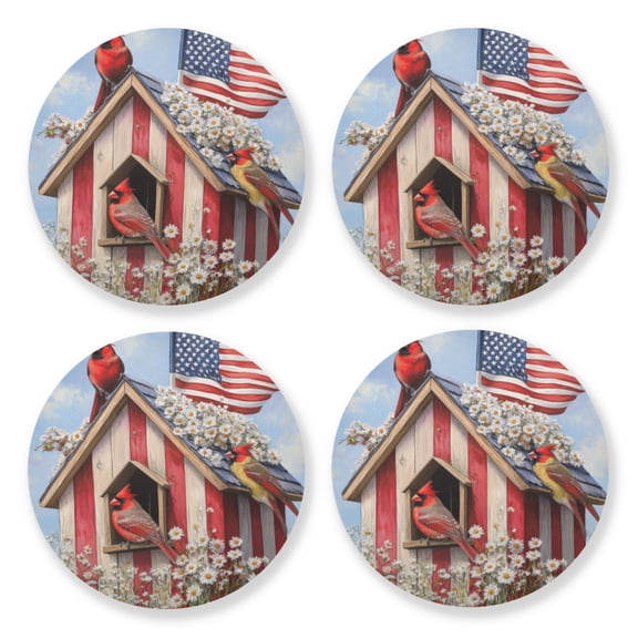 Qxltty 4th Of July Cardinal Bird Wooden Coasters Set of 4 Fun and Practical Perfectly Non-Slip Warm Home Accent