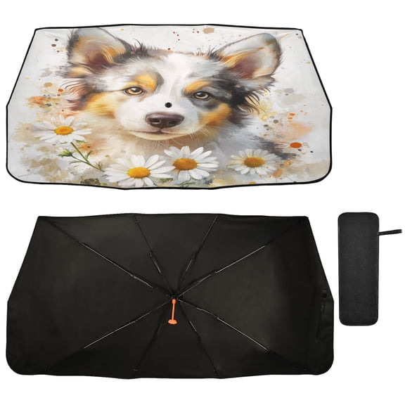 Qxltty A Cute Border Collie with Daisies Pattern Car Windshield Sunshade Umbrella Quality Black Rubberized Fabric Can Effectively Block UV Rays Heat