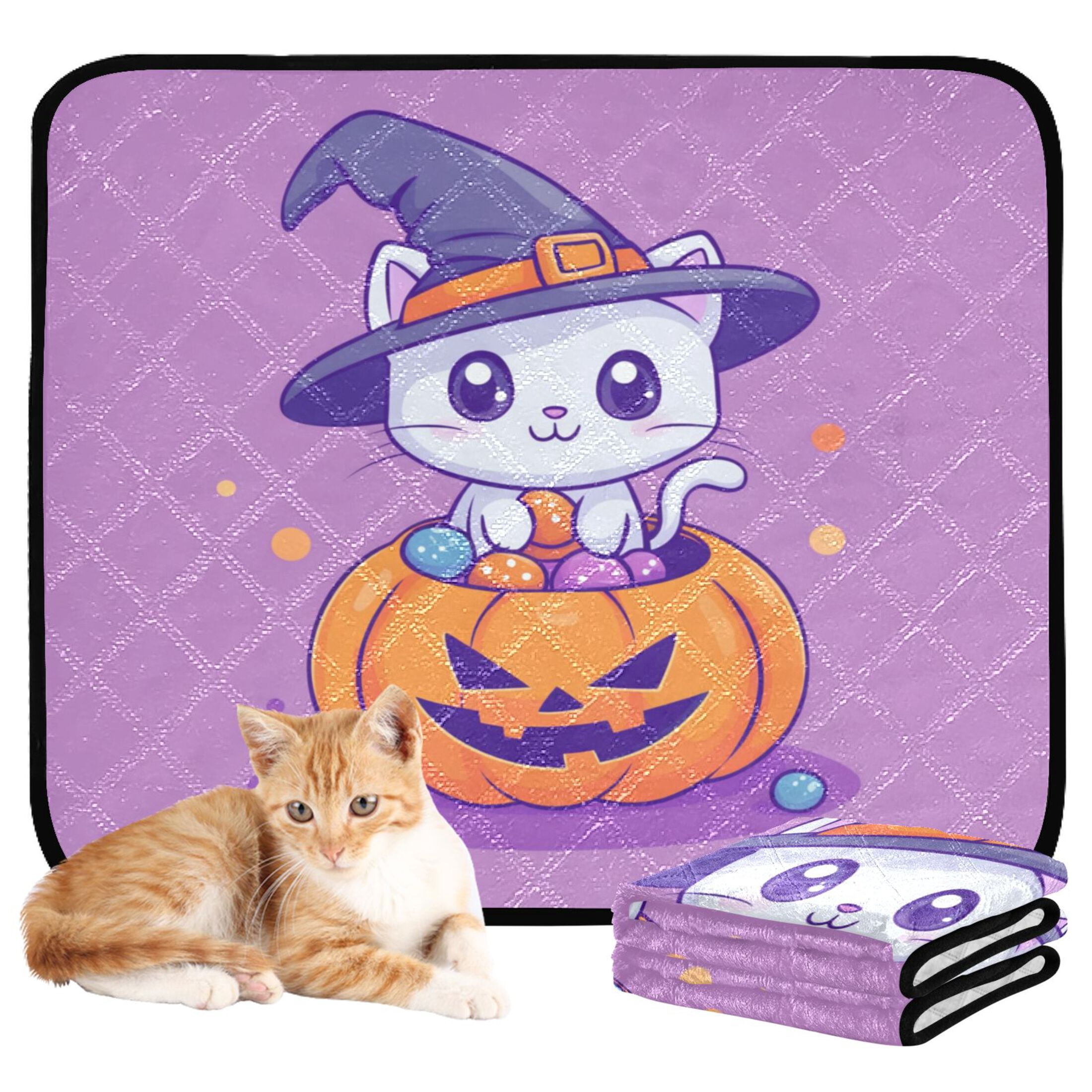 Qxltty A Cute Cat Sitting on Top Of Pumpkin Cat litter Pads Pet Set of 3 Diaper Mats Center Anti-leakage Layer Absorbent Soft and Comfortable