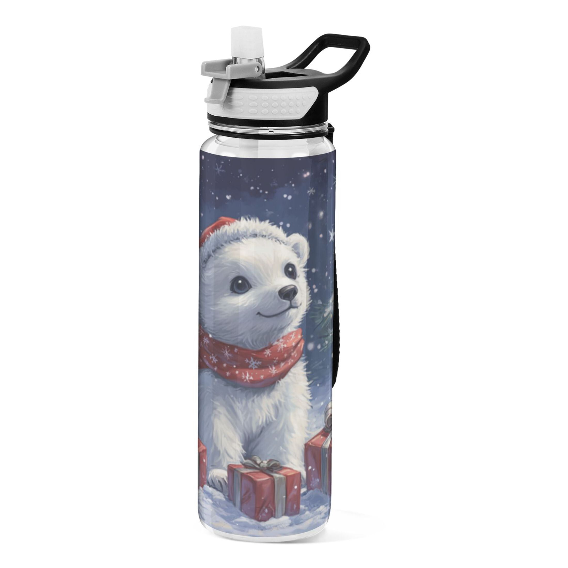Qxltty A Cute White Polar Bear Water Bottle 32 oz with Straw BPA Free ...