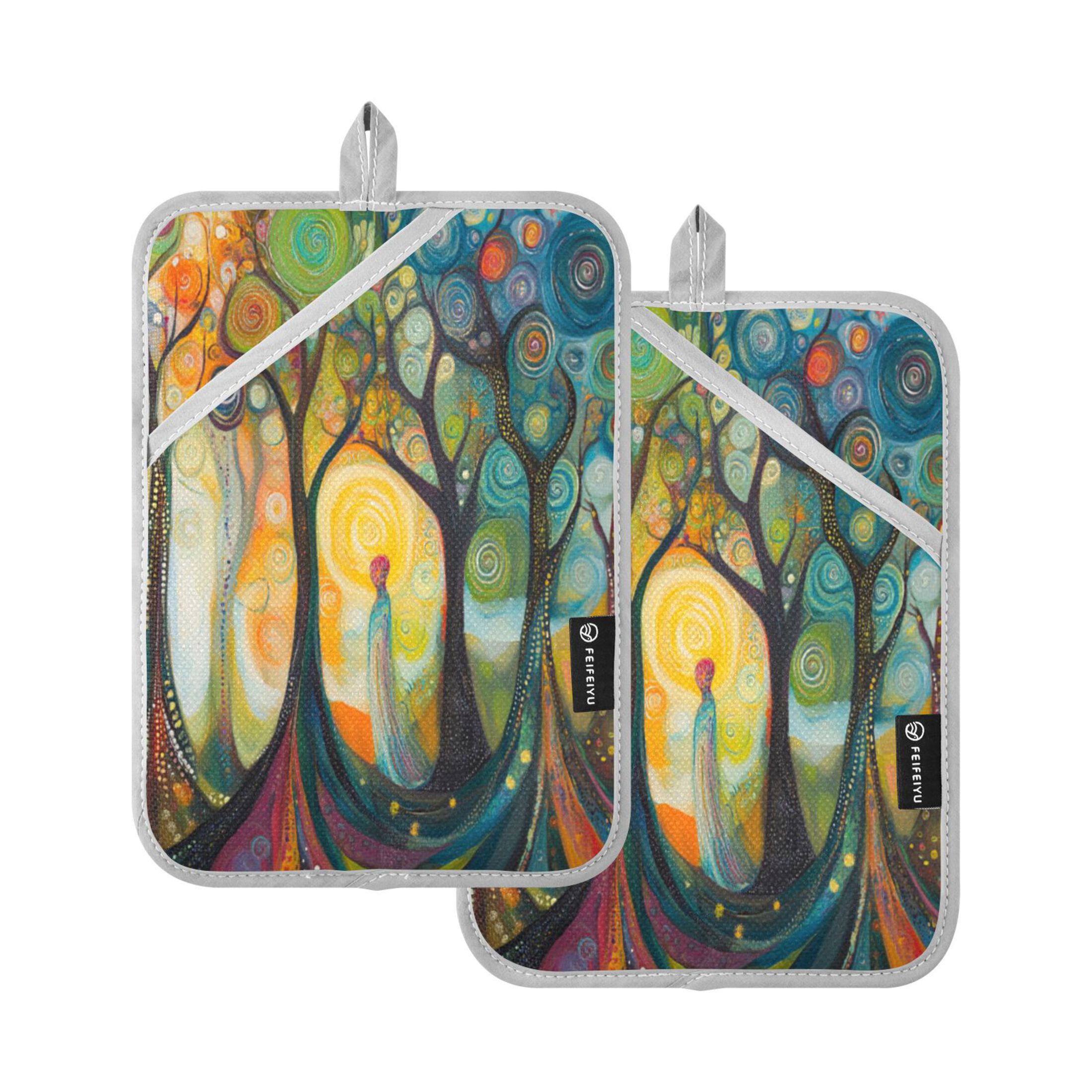 Qxltty Abstract Forest Oven Mitts 2-Pack Heat Resistant Quilted Oven ...