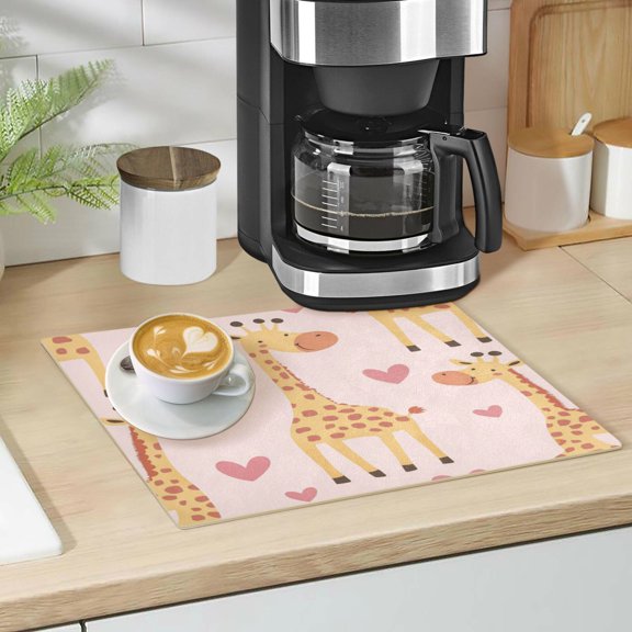 Qxltty Adorable Cartoon Giraffes Heart Pattern Leather Drying Mat for Kitchen Countertops Coffee Mats Hide Stain Quickly Absorbs Water Tableware Decor