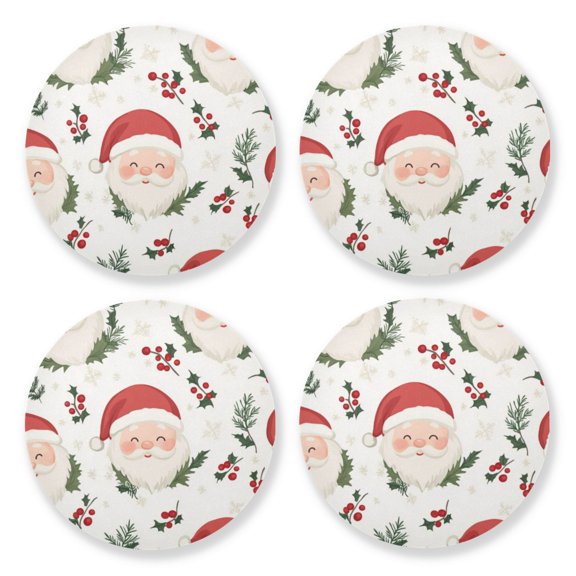 Qxltty Adorable Cartoon Santa Claus Faces Wooden Coasters Set of 4 Fun and Practical Perfectly Non-Slip Warm Home Accent