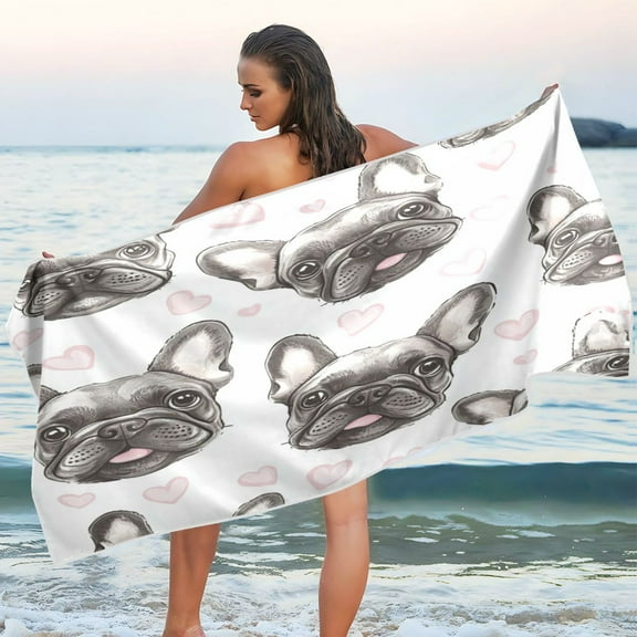 Qxltty Adorable French Bulldog Faces Pattern Beach Towel Sand Free Bath Towel Absorbent Quick Dry Soft Lightweight Blanket for Travel Gym Camping 60x30in