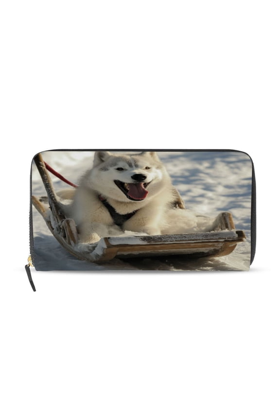 Alaskan Dog on Sledge Women's Leather Wallet Fashion Retro Multi Card Holder with Cell Phone Pocket Mothers Day Gifts