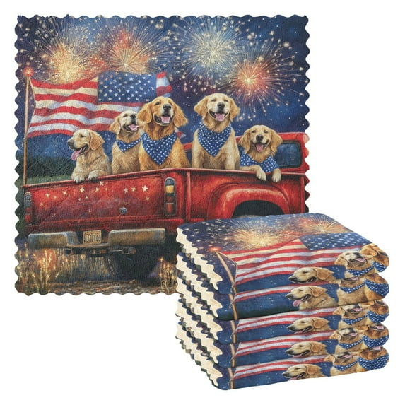 Qxltty American Fireworks Dogs Truck Kitchen Towels Set of 6 Ultra Soft Absorbent Quick Drying Dish Cloths 11 x 11in