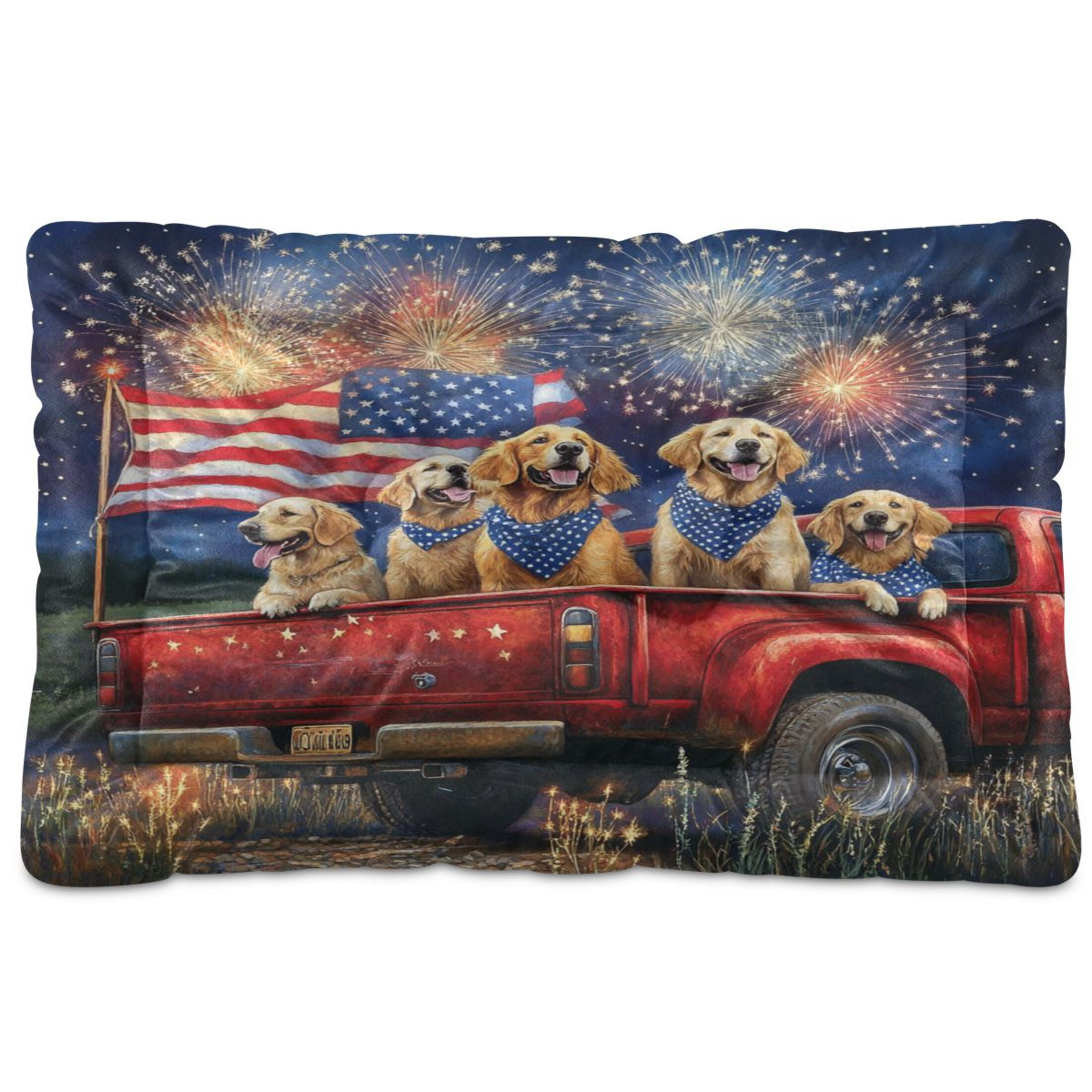 Qxltty American Fireworks Dogs Truck Ped Pad Wear-resistant and Hard to Bite Through Sleeping Pad for Small Medium Large Dogs Winter Pet Bed 36×24in