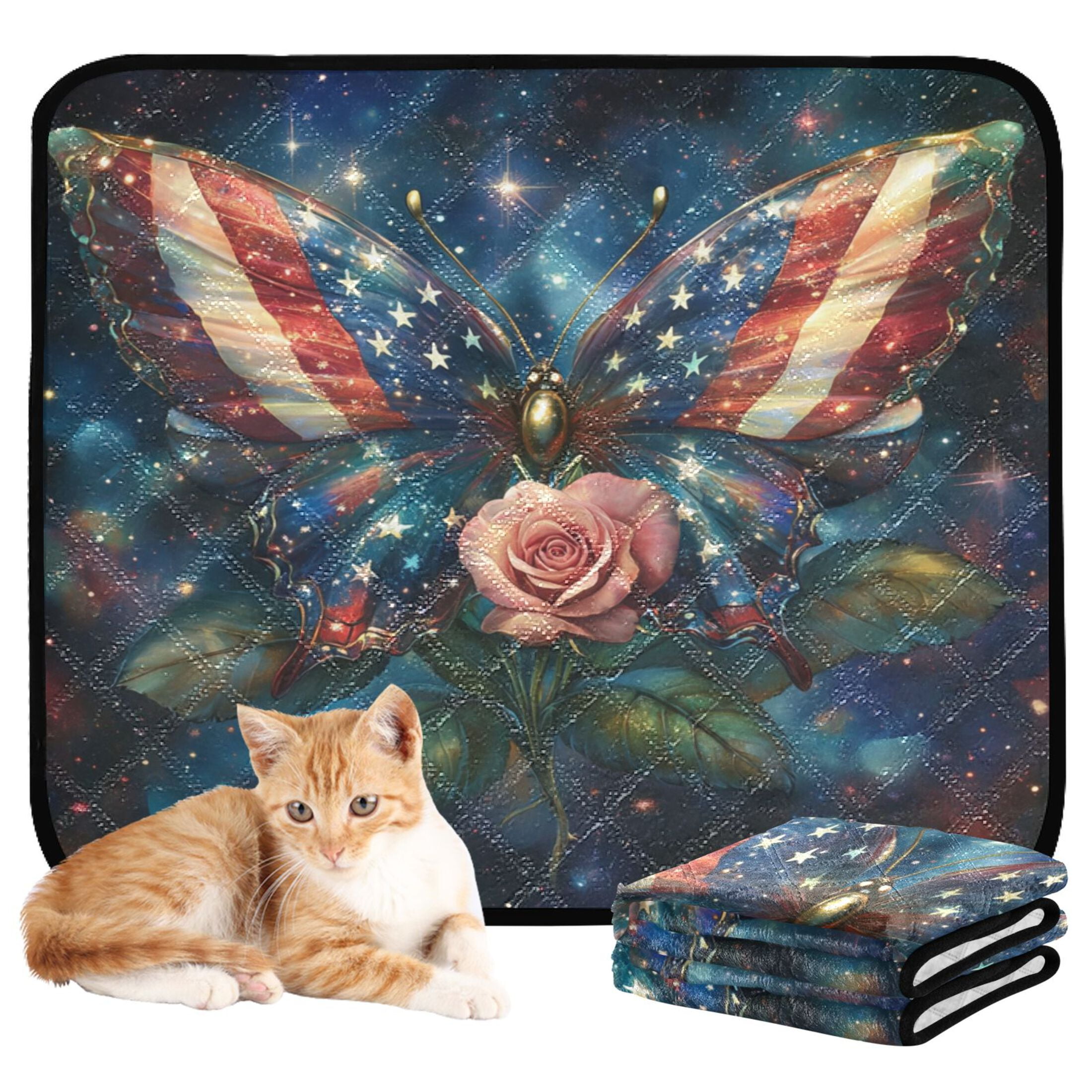 Qxltty American Flag Butterfly Cat litter Pads Pet Set of 3 Diaper Mats Center Anti-leakage Layer Absorbent Soft and Comfortable