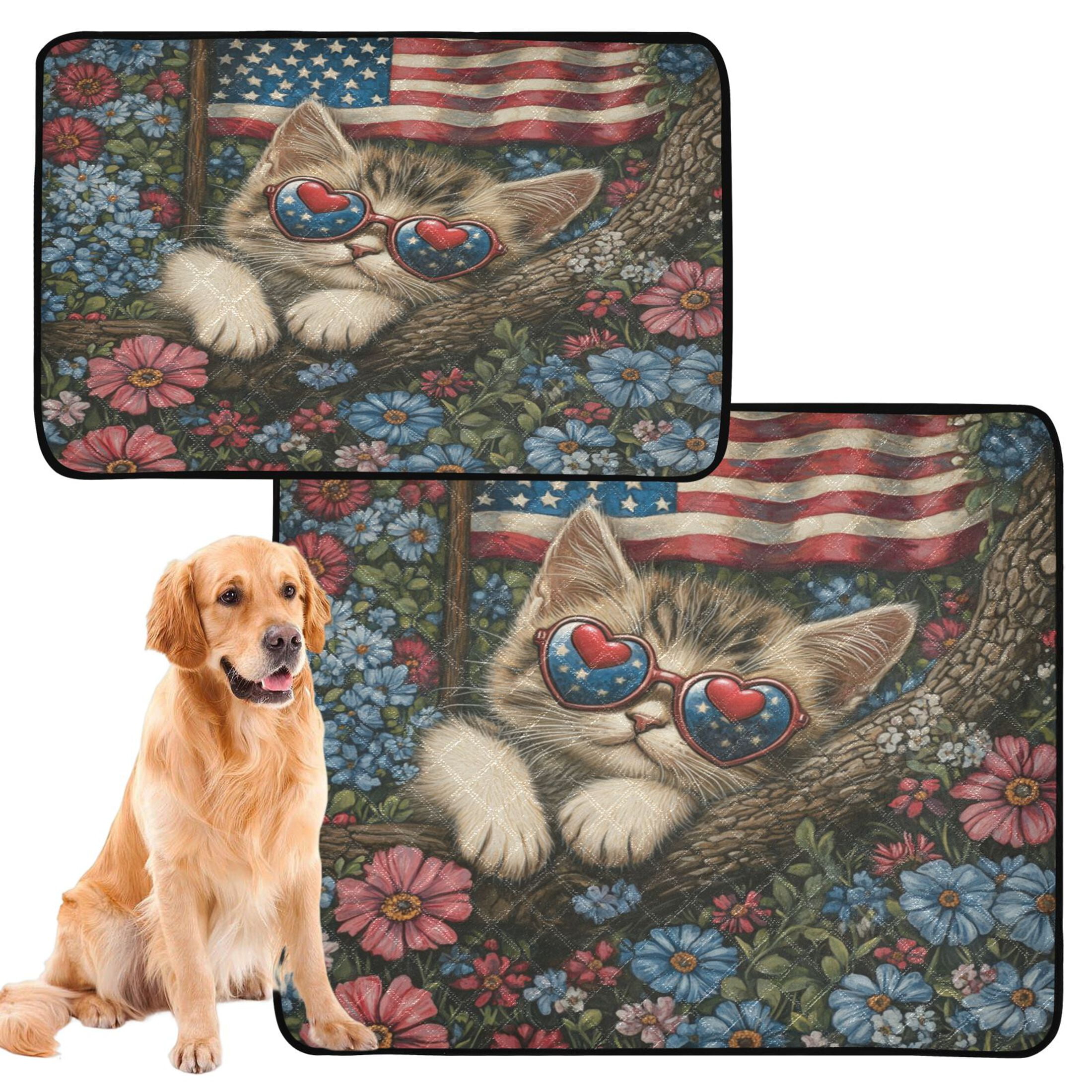 Qxltty American Flag Floral Cat Cat litter Pads Pet Set of 2 Diaper Mats Center Anti-leakage Layer Absorbent Soft and Comfortable
