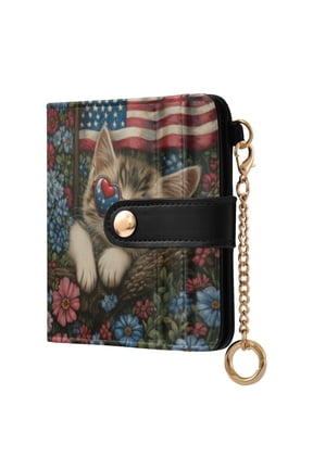 American Flag Floral Cat Ladies Wallet Rfid Slim Thin Compact Credit Card Women Wallet Zipper Coin Pocket and ID Window for Female Gifts