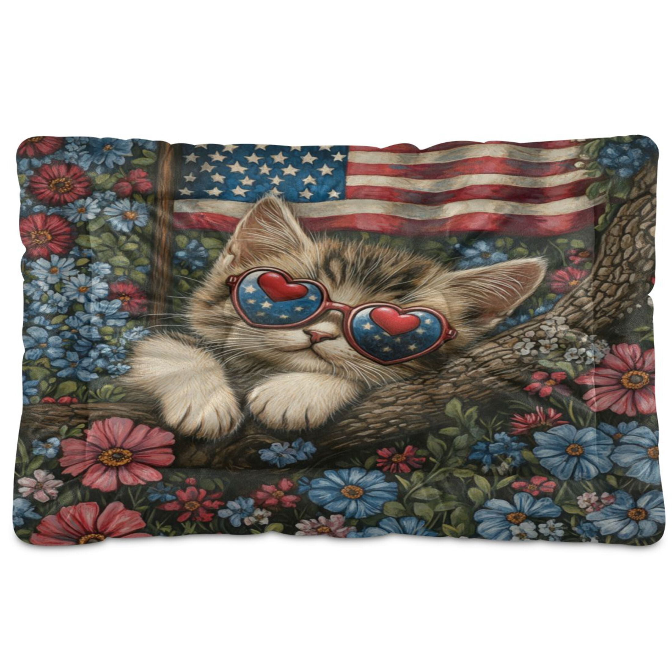Qxltty American Flag Floral Cat Ped Pad Wear-resistant and Hard to Bite Through Sleeping Pad for Small Medium Large Dogs Winter Pet Bed 36×24in