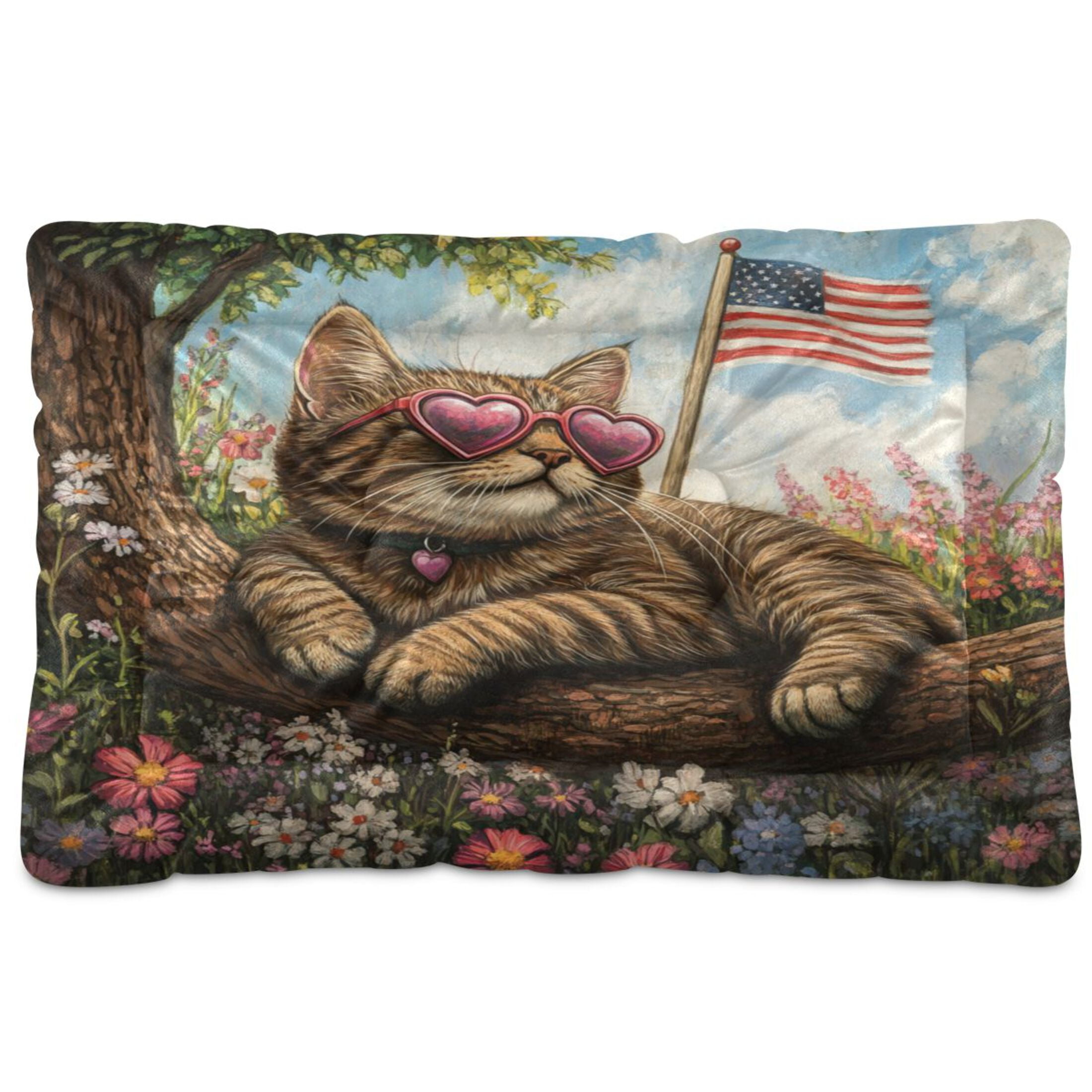 Qxltty American Flag Flower Cat Ped Pad Wear-resistant and Hard to Bite Through Sleeping Pad for Small Medium Large Dogs Winter Pet Bed 36×24in