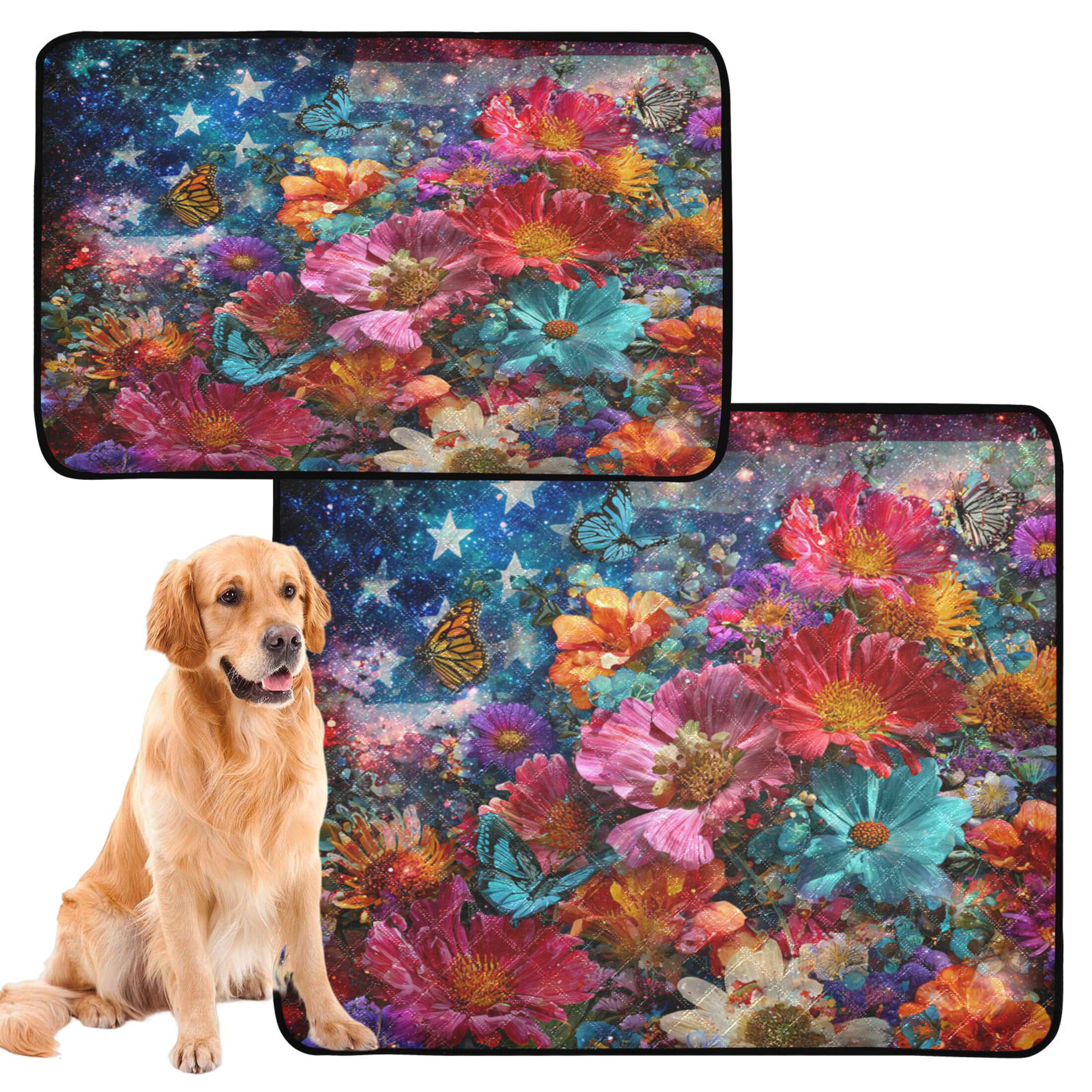 Qxltty American Flag Flower Cat litter Pads Pet Set of 2 Diaper Mats Center Anti-leakage Layer Absorbent Soft and Comfortable