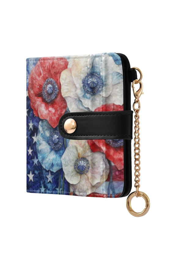 American Flag Flowers Ladies Wallet Rfid Slim Thin Compact Credit Card Women Wallet Zipper Coin Pocket and ID Window for Female Gifts