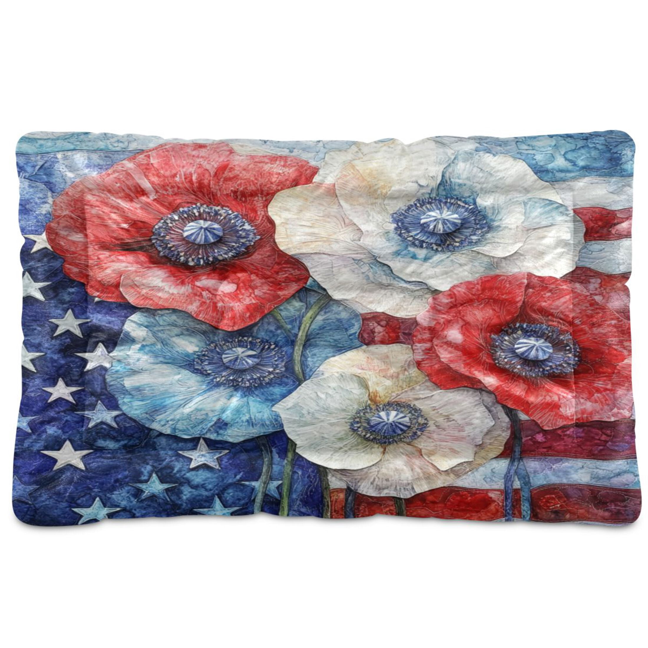 Qxltty American Flag Flowers Ped Pad Wear-resistant and Hard to Bite Through Sleeping Pad for Small Medium Large Dogs Winter Pet Bed 36×24in