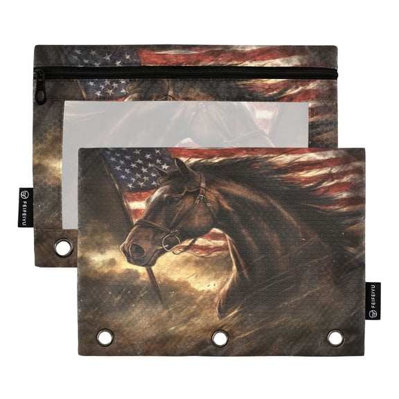 Qxltty American Flag Horse Pencil Pouches for 3 Ring Binder Clear Window Zipper Pencil Case for Office College Supplies