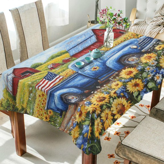Qxltty American Flag Truck Square Tablecloth 60×90in Thick Wrinkle Resistant Heat Proof Durable Table Cover for Dining Table