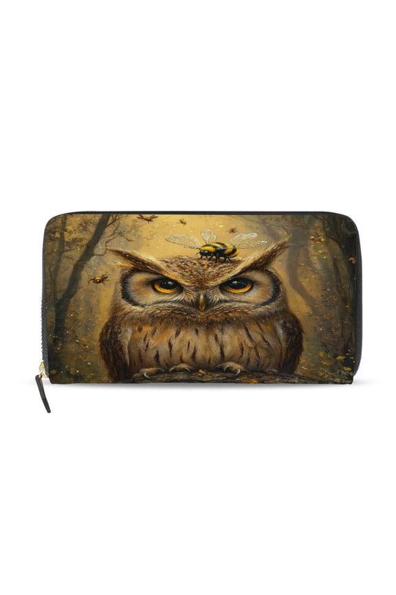 An Owl with Bumblebee Pattern Women's Leather Wallet Fashion Retro Multi Card Holder with Cell Phone Pocket Mothers Day Gifts