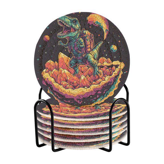 Qxltty Astronaut Tyrannosaurus Rex Drink Coasters with Holder 6pcs Handmade Woven Simple Vintage Saucer Set