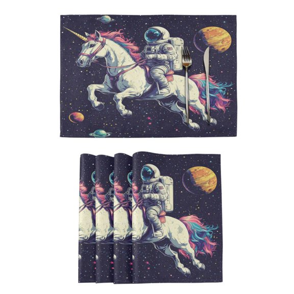 Qxltty Astronauts Riding Unicorns Pattern Placemats Set of 6 Heat Resistant Non-Slip Place mat for Dining Table Washable Durable Polyester Woven Table Decorations