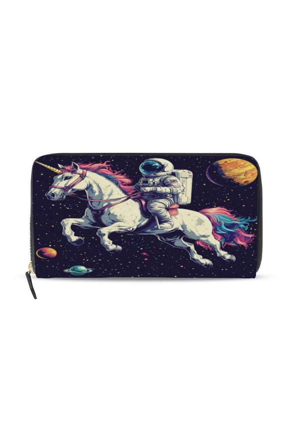 Astronauts Riding Unicorns Pattern Women's Leather Wallet Fashion Retro Multi Card Holder with Cell Phone Pocket Mothers Day Gifts